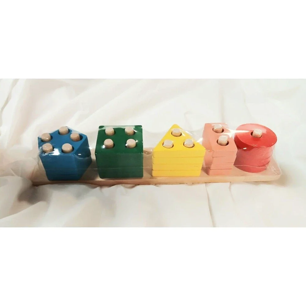 Wooden Peg Board Shape Sorter Stacking Toy Set with Colorful Shapes